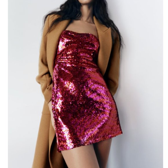 ZARA Dresses & Skirts - Zara Women NEW Spaghetti Strap PARTY SEQUIN MINI DRESS FUCHSIA 2157/263 XS M